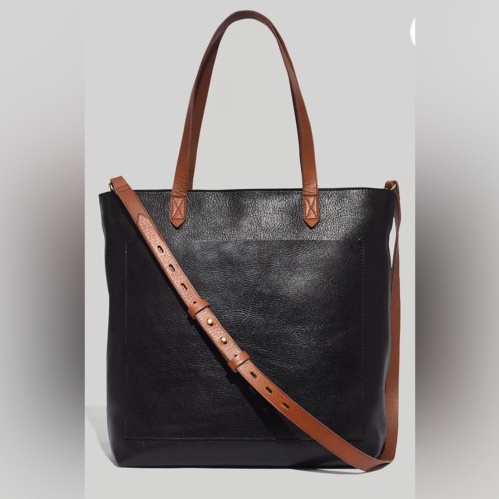 Madewell Brand Black Leather Tote + Brown Leather Handles. Zipper Closure at Top
